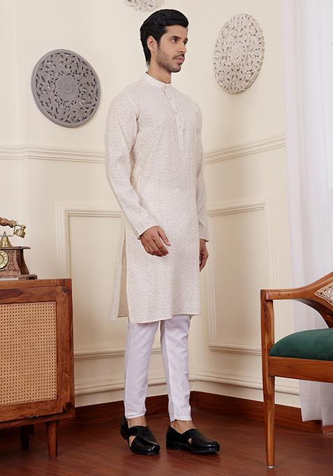White Abstract print Art Silk Kurta Set For Men