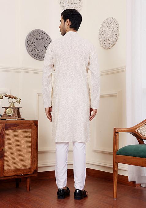 White Abstract print Art Silk Kurta Set For Men