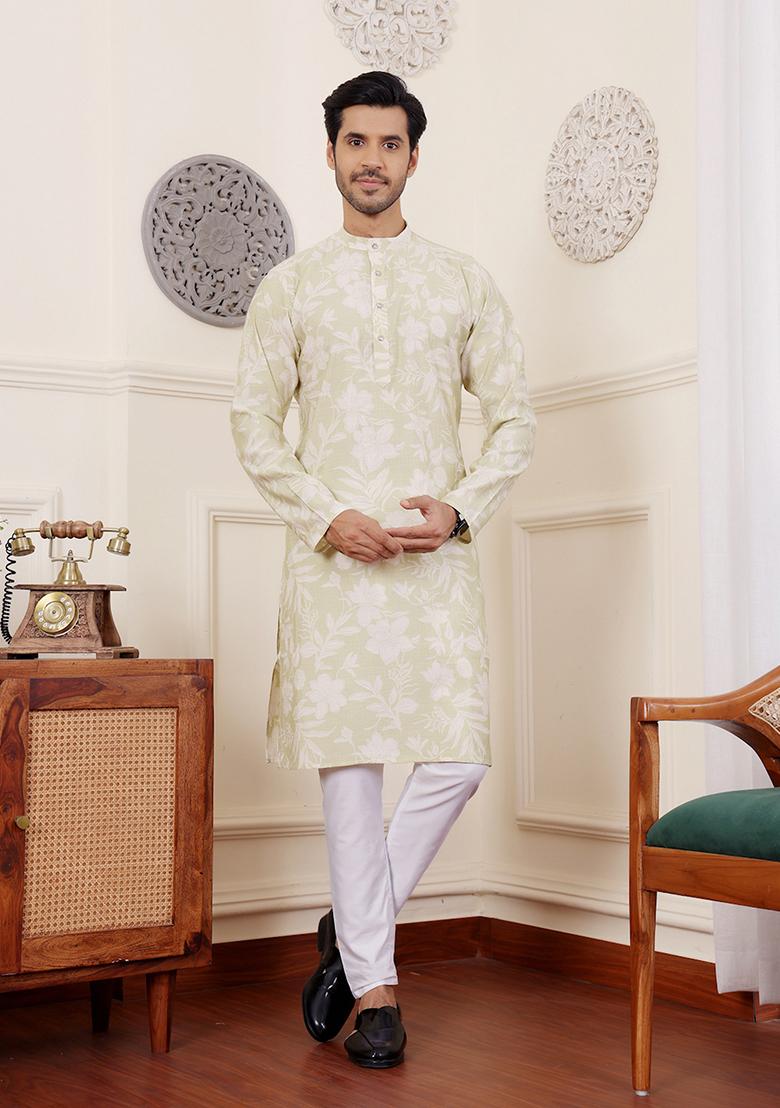 Green Abstract print Art Silk Kurta Set For Men
