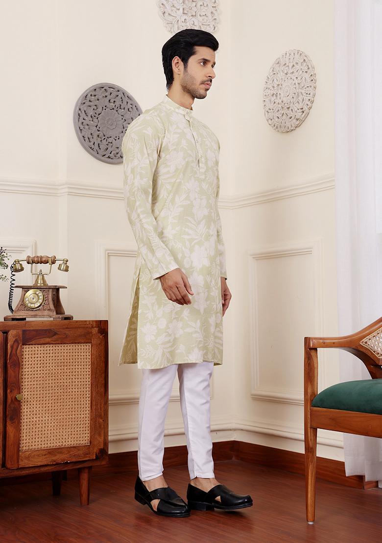 Green Abstract print Art Silk Kurta Set For Men