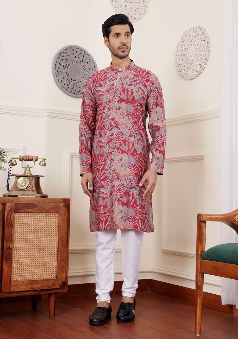 Pink Abstract print Art Silk Kurta Set For Men - Indya