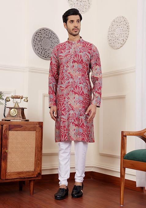 Pink Abstract print Art Silk Kurta Set For Men