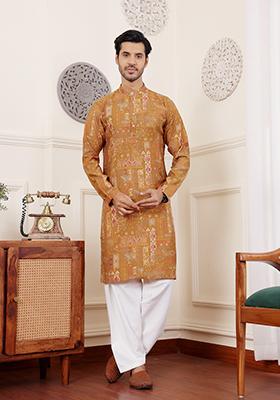 Yellow Abstract print Art Silk Kurta Set For Men