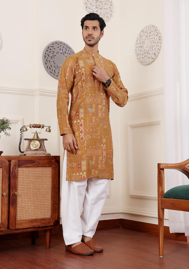 Yellow Abstract print Art Silk Kurta Set For Men