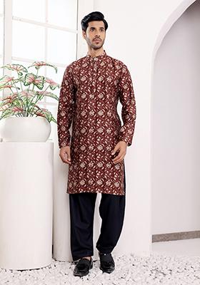 Maroon Abstract print Art Silk Kurta For Men