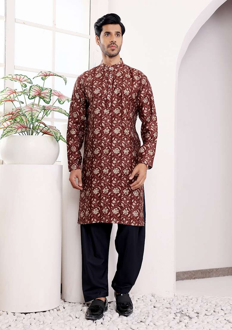 Maroon Abstract print Art Silk Kurta For Men - Indya