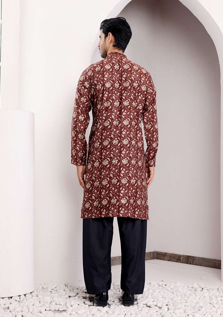 Maroon Abstract print Art Silk Kurta For Men - Indya