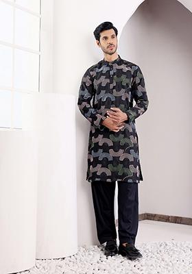 Black Embroidered Linen Kurta Set For Men