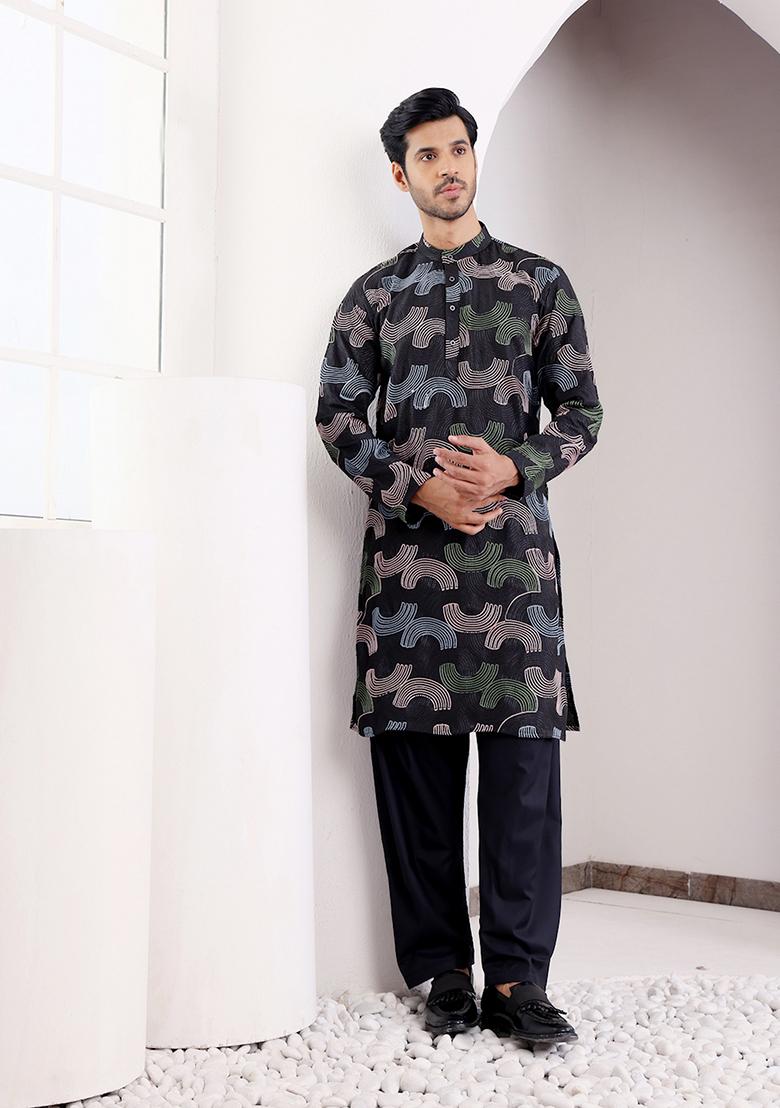 Black Embroidered Linen Kurta Set For Men
