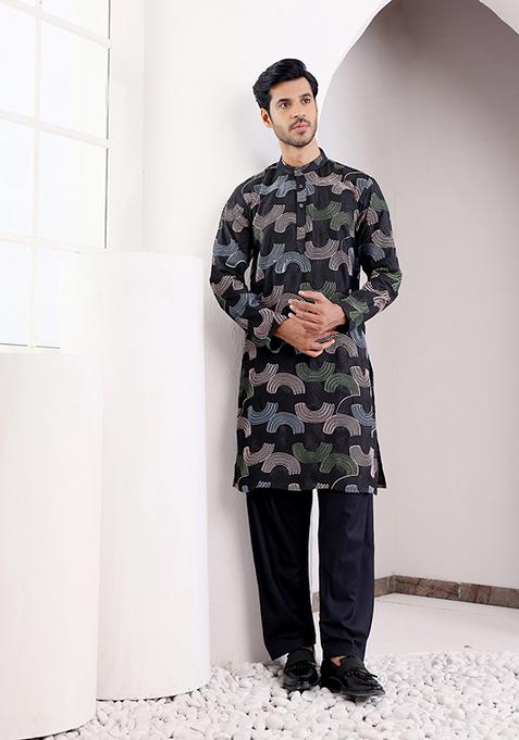 Black Embroidered Linen Kurta Set For Men
