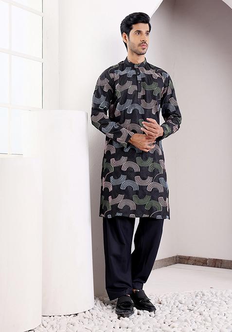 Black Embroidered Linen Kurta Set For Men