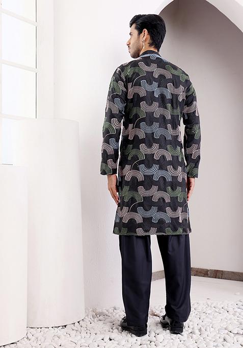 Black Embroidered Linen Kurta Set For Men