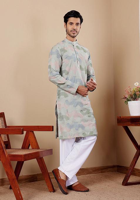 Green Embroidered Linen Kurta Set For Men