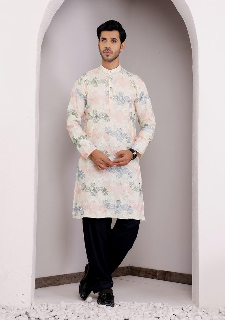 Cream Embroidered Linen Kurta Set For Men