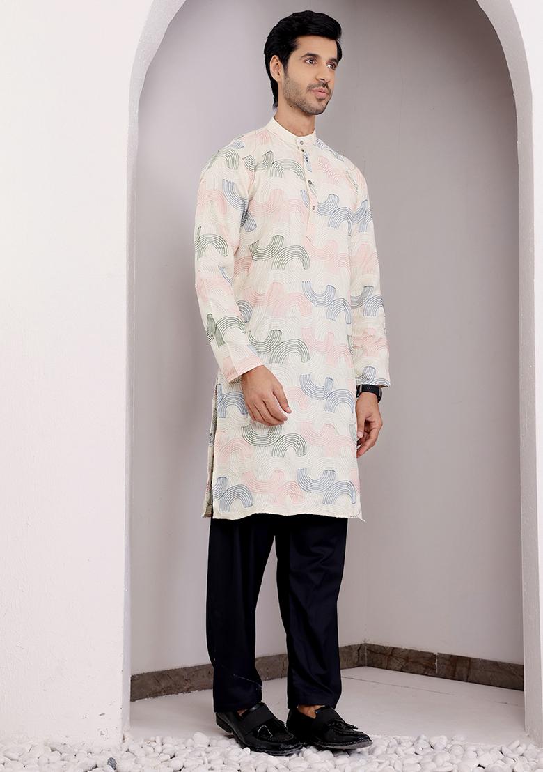 Cream Embroidered Linen Kurta Set For Men