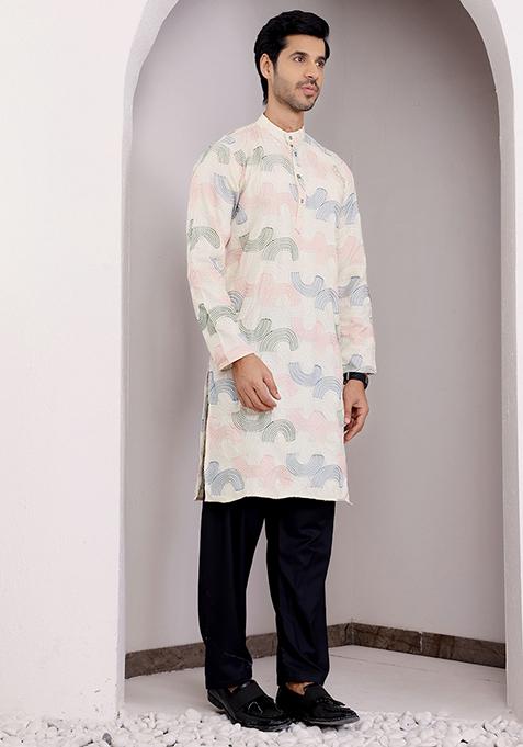 Cream Embroidered Linen Kurta Set For Men