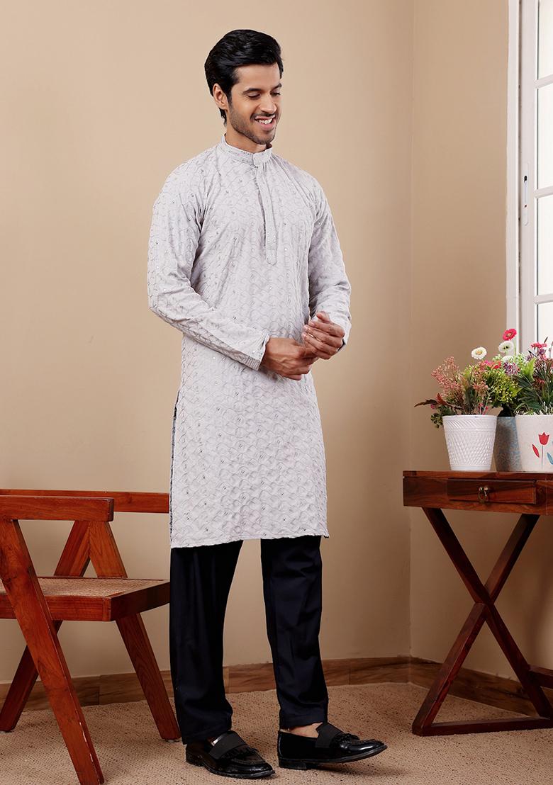 Blue Embroidered Linen Kurta Set For Men