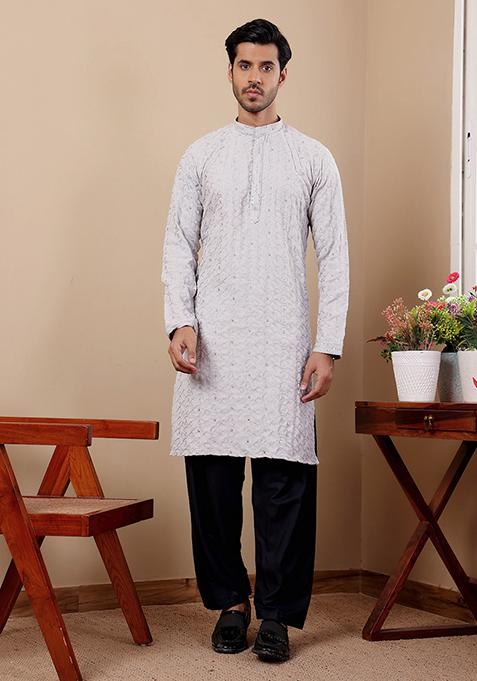 Blue Embroidered Linen Kurta Set For Men — view on Indya