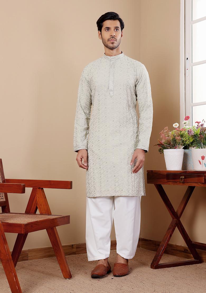 Green Embroidered Linen Kurta Set For Men