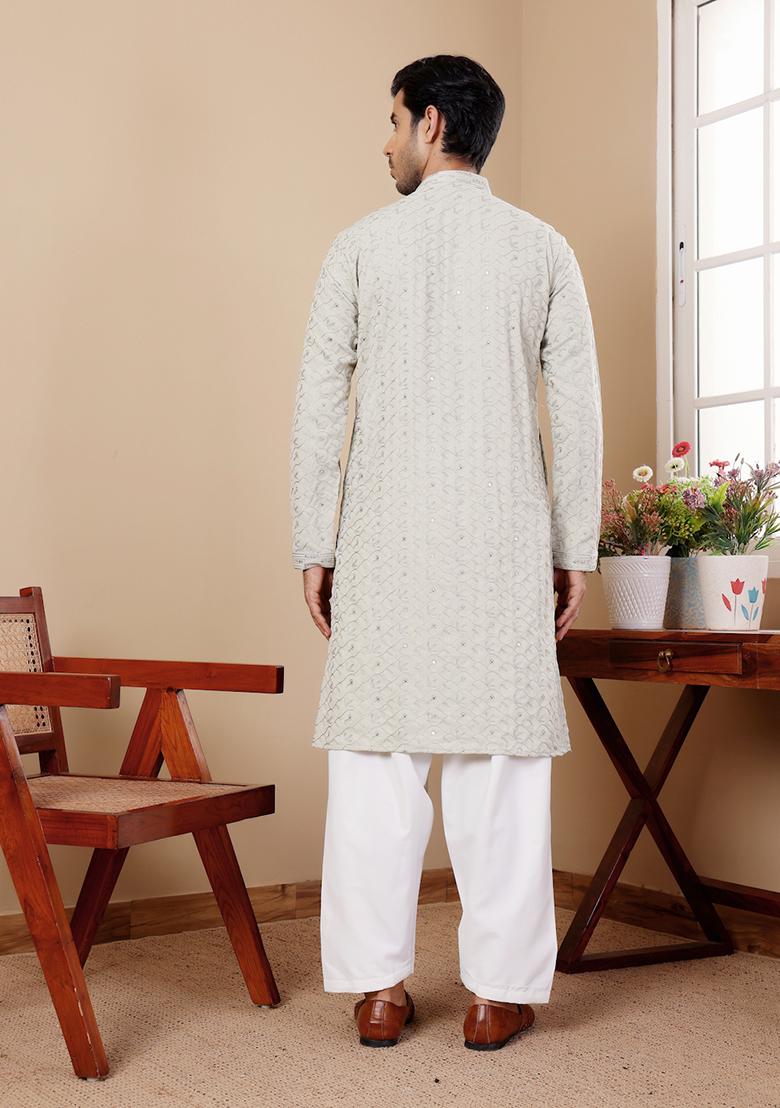 Green Embroidered Linen Kurta Set For Men