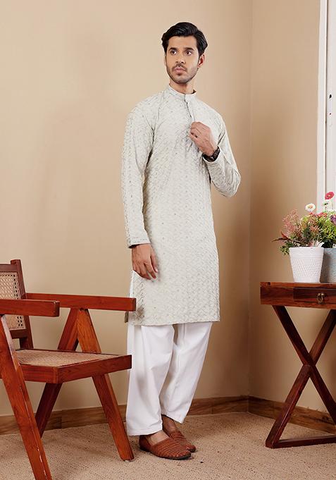 Green Embroidered Linen Kurta Set For Men