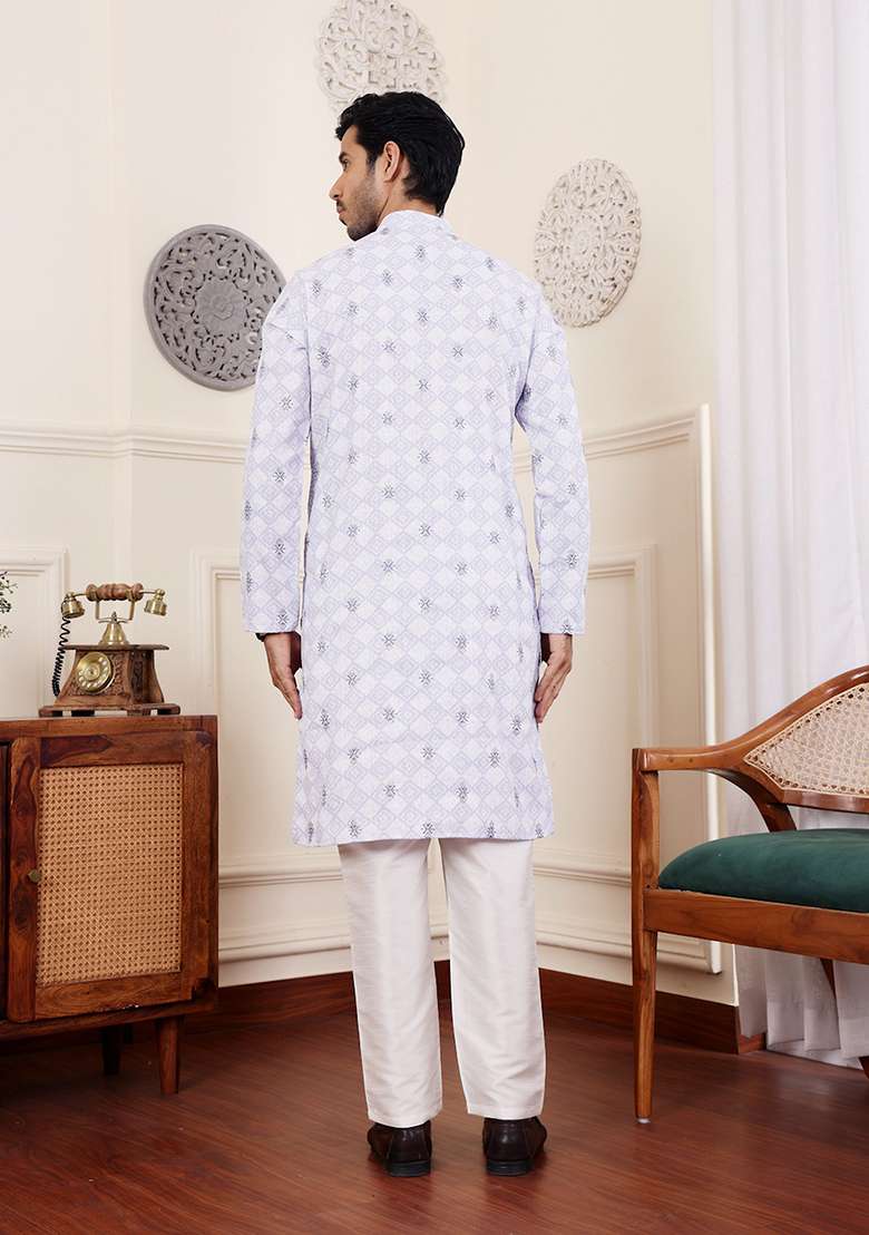 Purple Embroidered Linen Kurta Set For Men - Indya