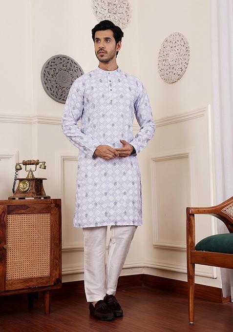 Purple Embroidered Linen Kurta Set For Men — view on Indya