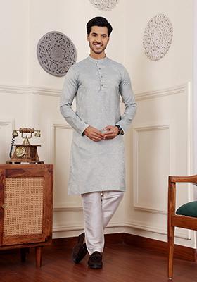 Blue Woven Viscose Kurta Set For Men
