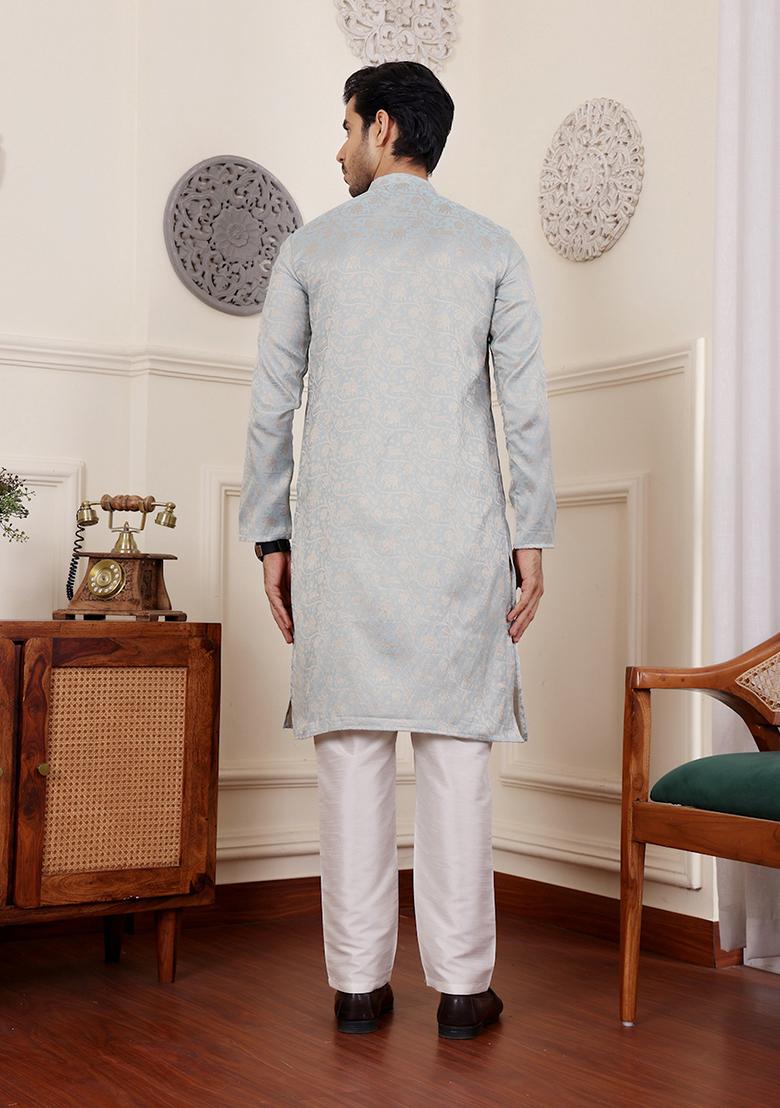 Blue Woven Viscose Kurta Set For Men