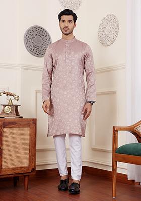 Mauve Woven Art Silk Kurta Set For Men