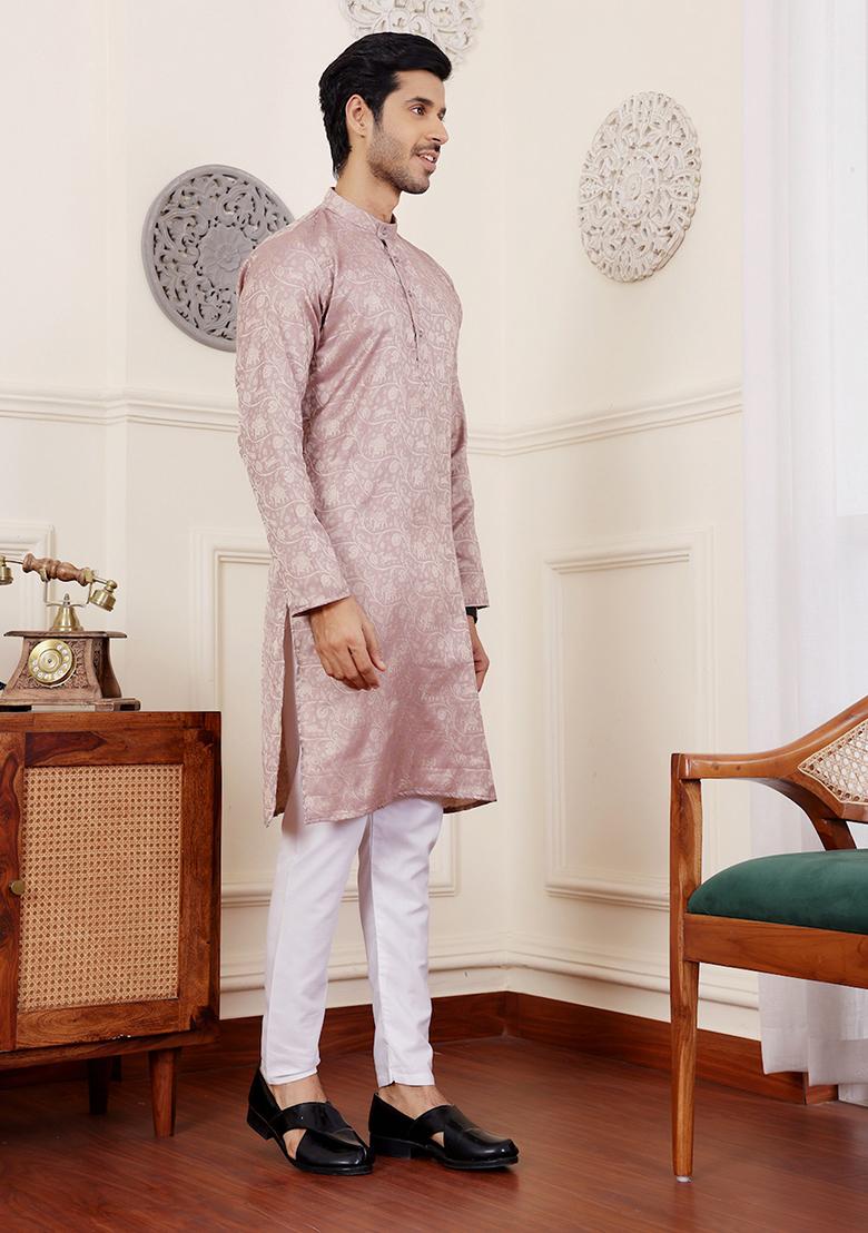 Mauve Woven Art Silk Kurta Set For Men