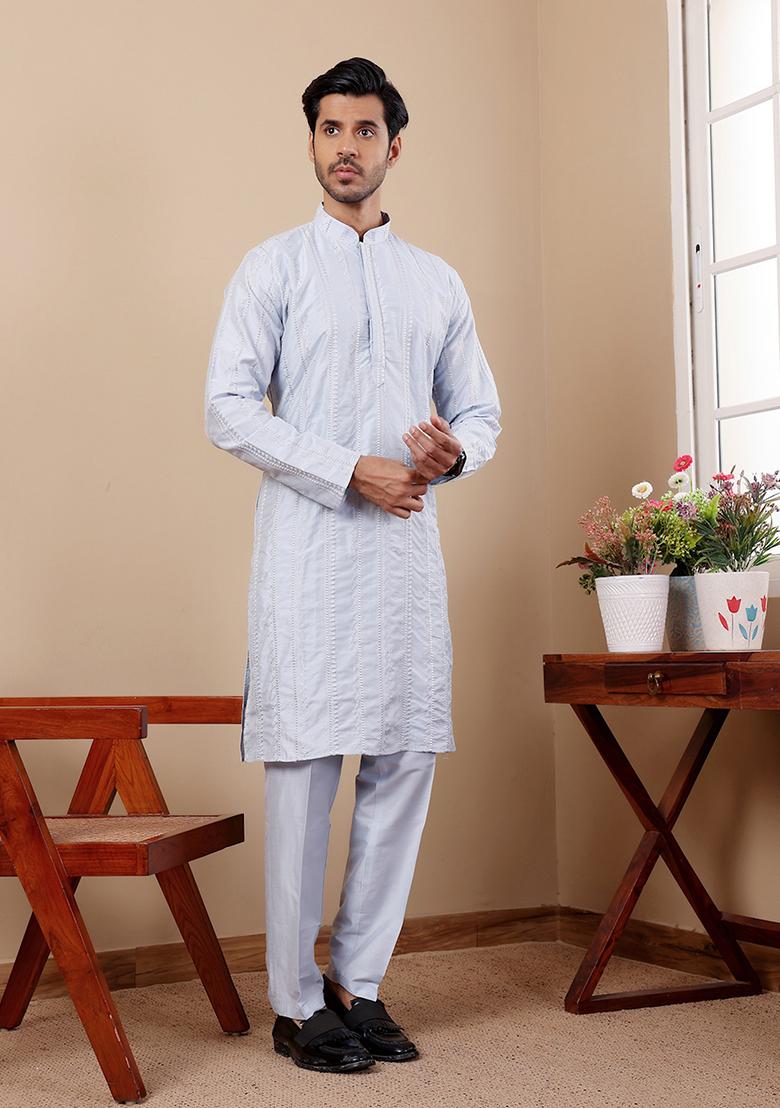 Blue Embroidered Silk Kurta Set For Men
