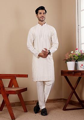 White Embroidered Silk Kurta Set For Men