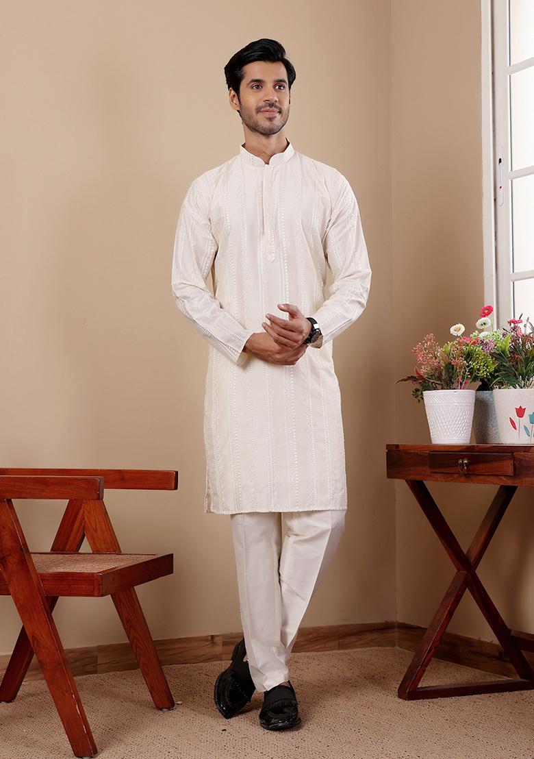 White Embroidered Silk Kurta Set For Men