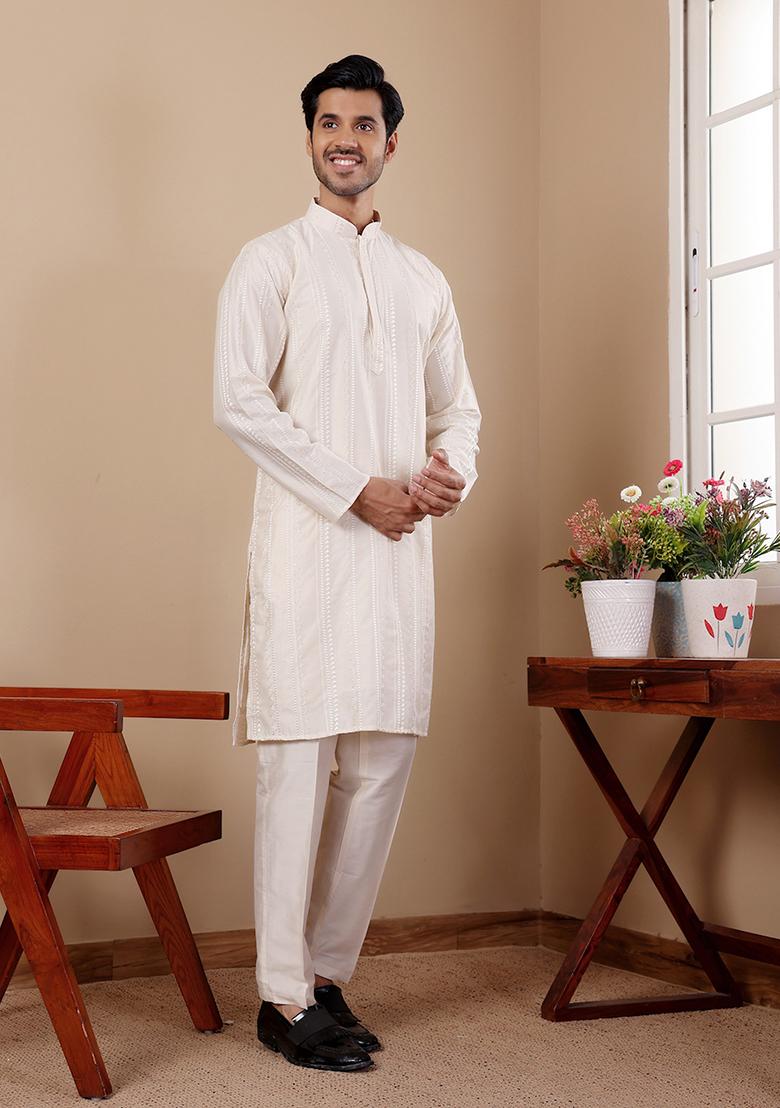 White Embroidered Silk Kurta Set For Men