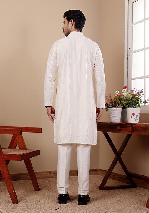 White Embroidered Silk Kurta Set For Men