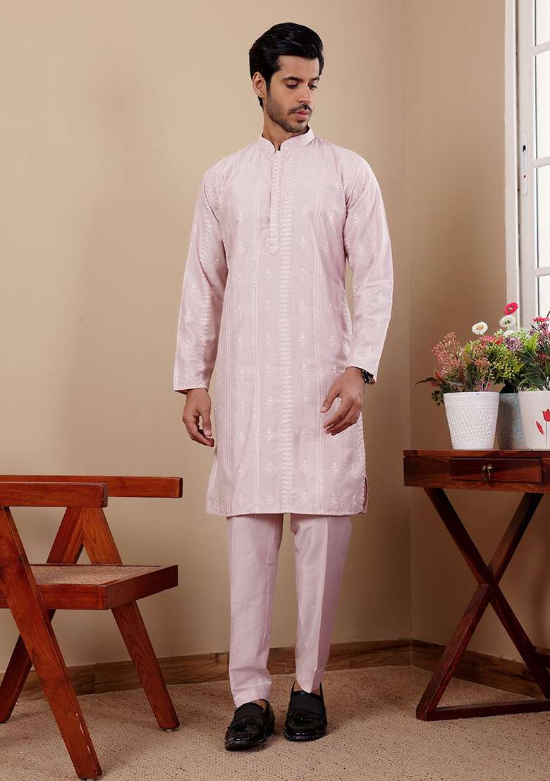 Pink Embroidered Silk Kurta Set For Men - Indya