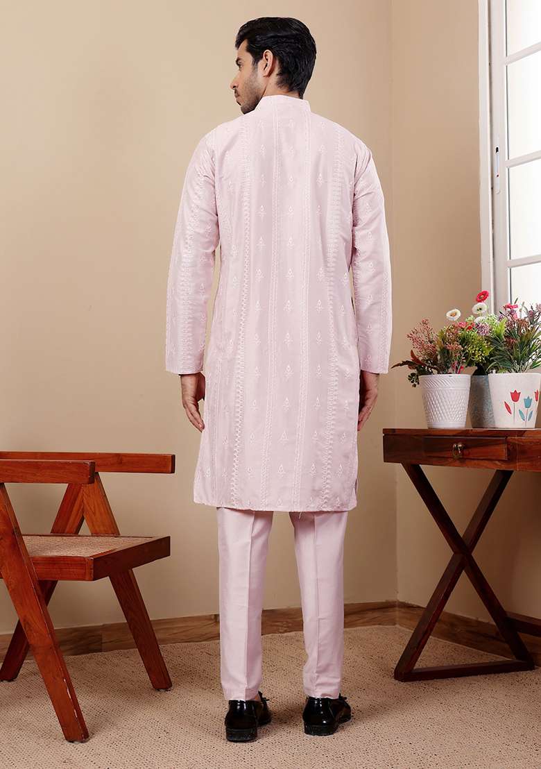 Pink Embroidered Silk Kurta Set For Men - Indya