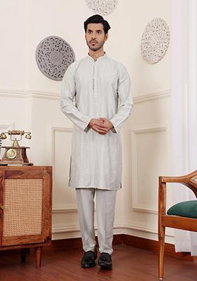 Green Embroidered Silk Kurta Set For Men