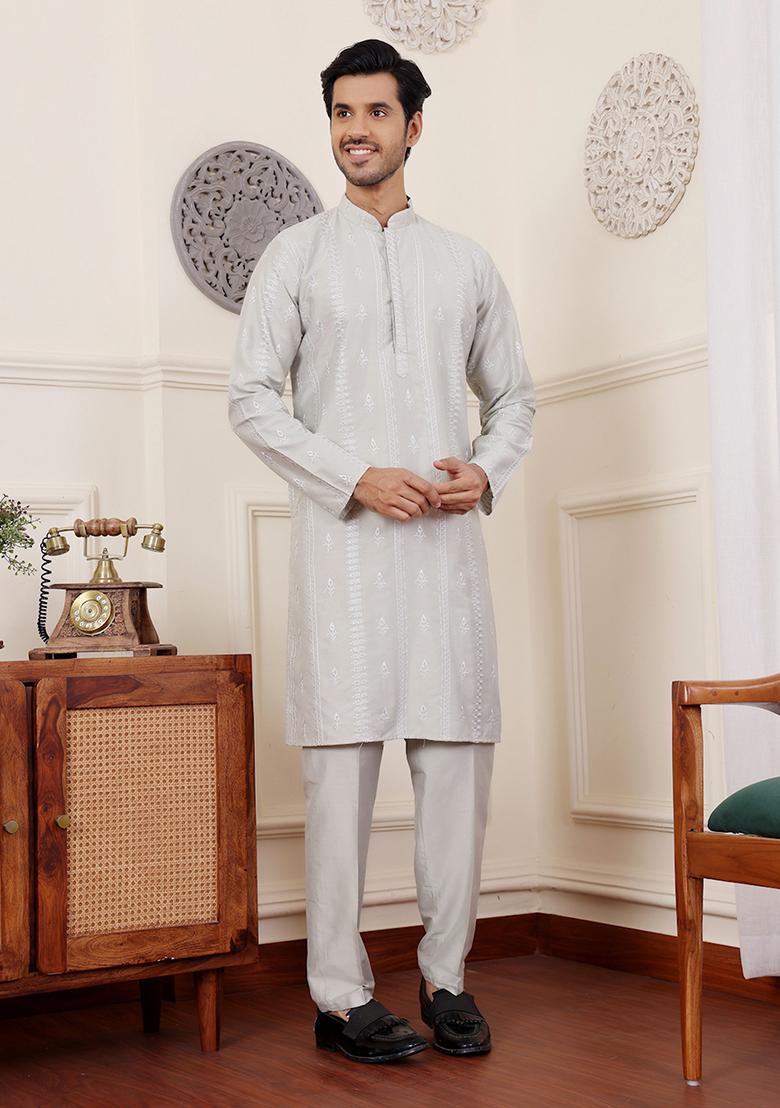 Green Embroidered Silk Kurta Set For Men
