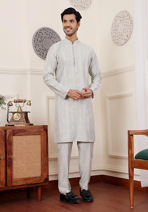 Green Embroidered Silk Kurta Set For Men