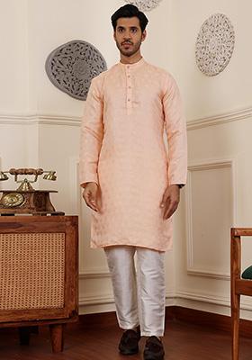 Peach Woven Viscose  Kurta Set For Men