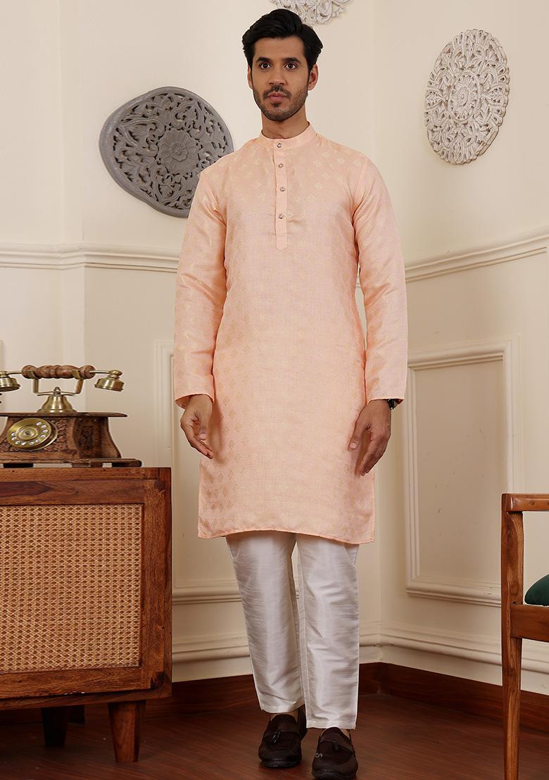 Peach Woven Viscose Kurta Set For Men