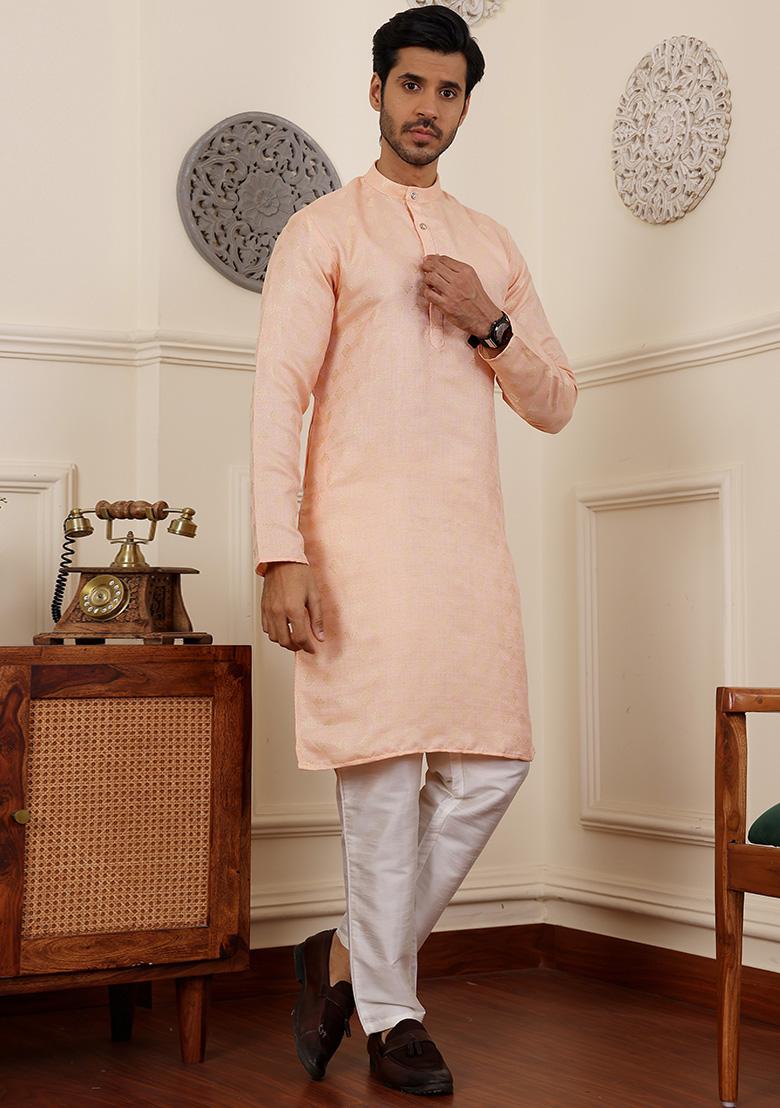 Peach Woven Viscose  Kurta Set For Men