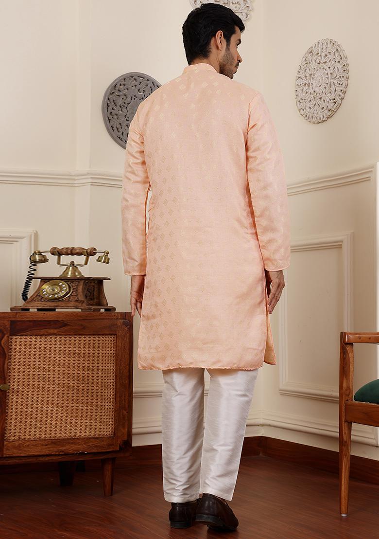 Peach Woven Viscose Kurta Set For Men