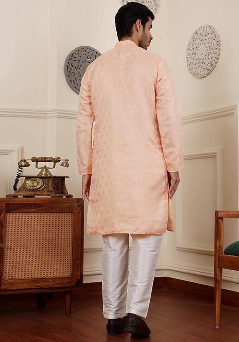 Peach Woven Viscose Kurta Set For Men