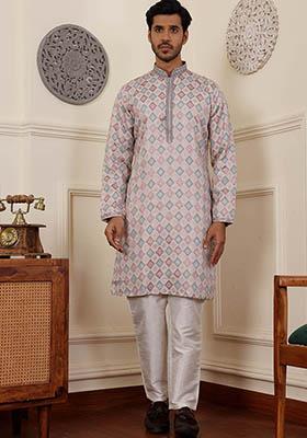 Cream Woven Viscose  Kurta Set For Men