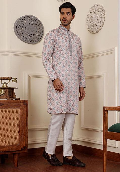 Cream Woven Viscose Kurta Set For Men