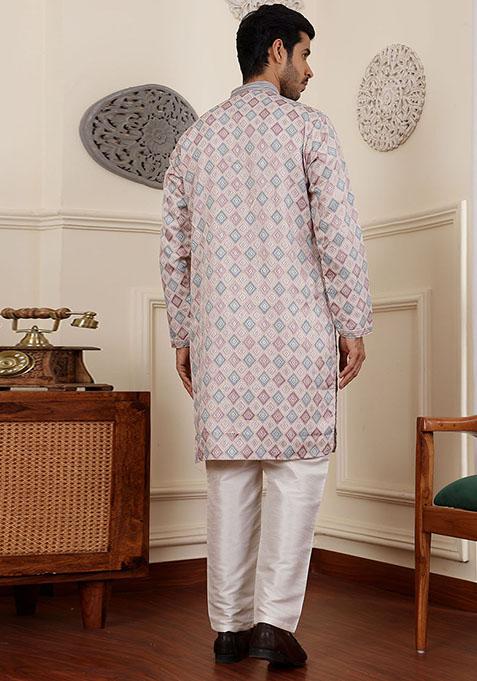 Cream Woven Viscose Kurta Set For Men