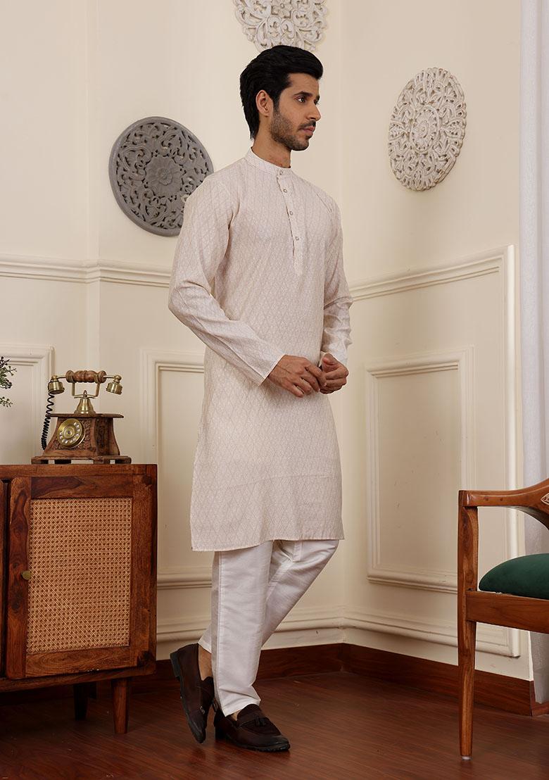 White Woven Silk Kurta Set For Men